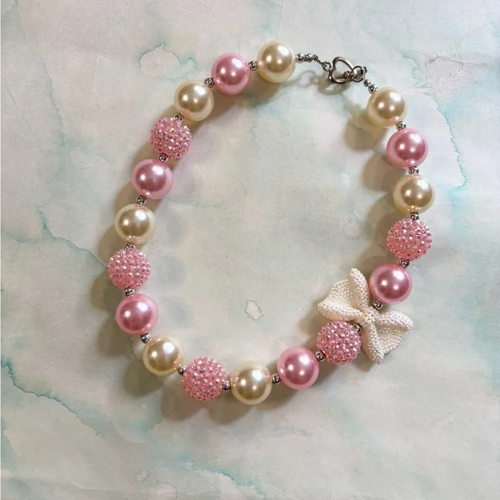 Kids Pearl and Pink Beaded Necklace Earring Set